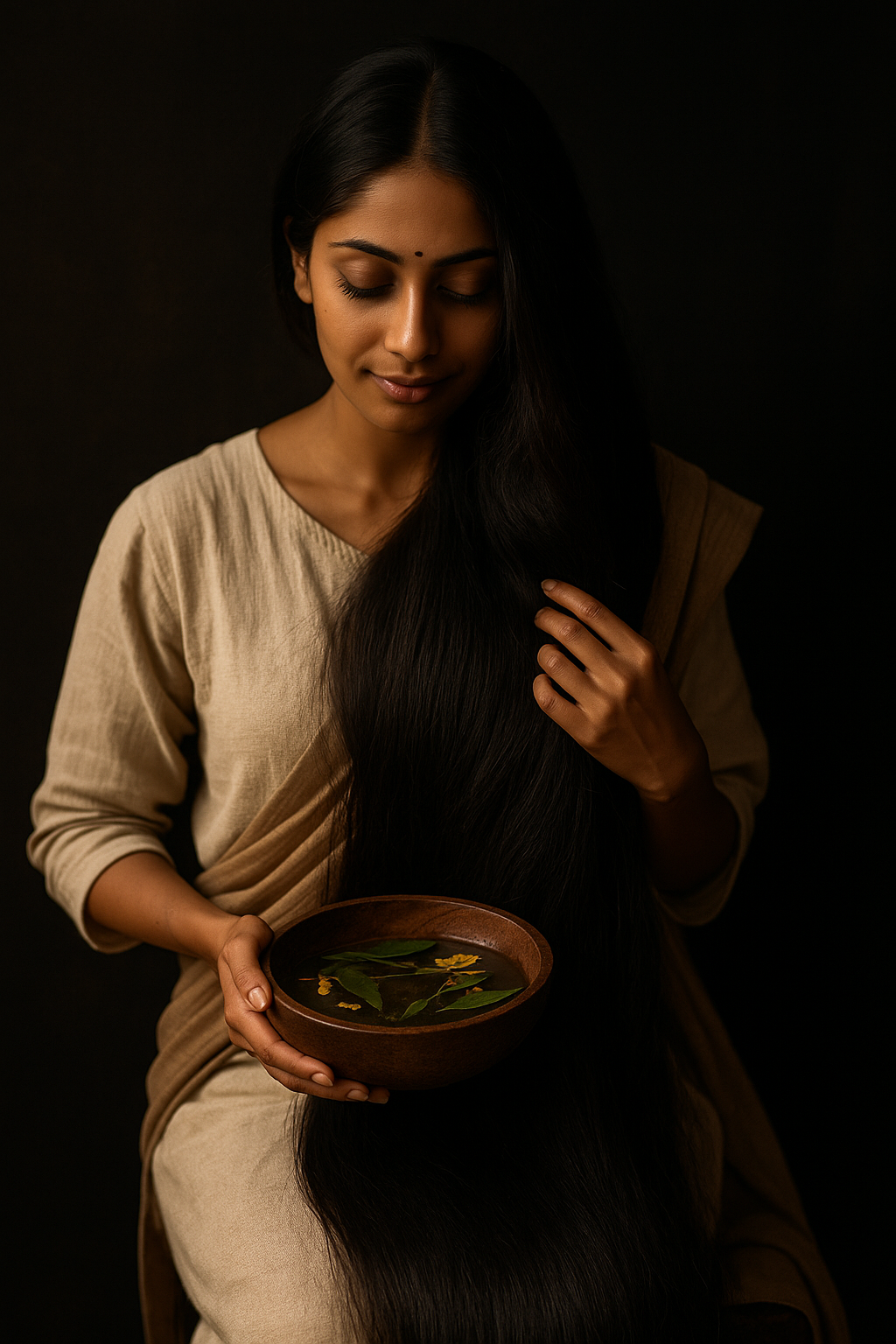 A rustic, dark ceramic bowl filled with steaming herbal water, with ingredients like lemongrass, cinnamon, and soapberry pods visible.