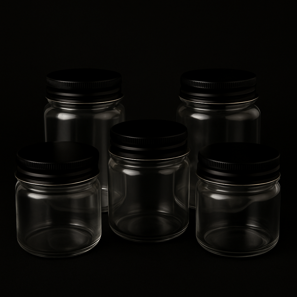 A cinematic flat lay of five small glass jars, each containing one of the sacred herbs: soapberry pods, lemongrass, fennel seeds, cinnamon sticks, and dried fig leaves.