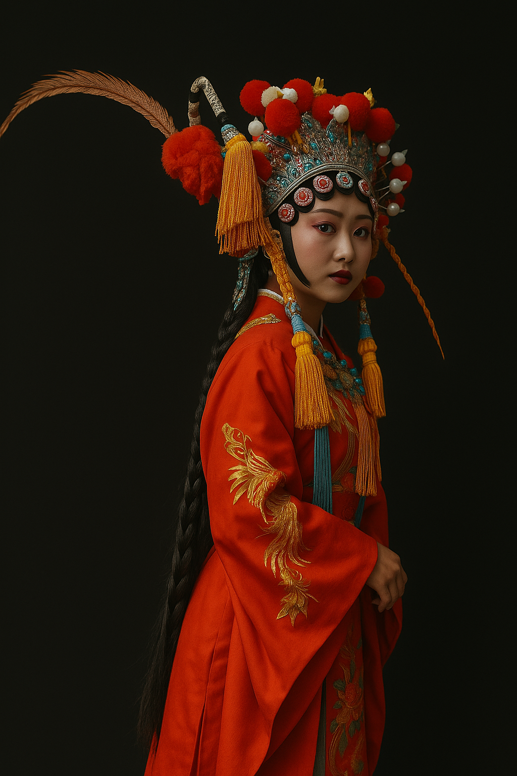 A cinematic portrait of a Red Dao woman with famously long, thick hair, standing amidst the misty mountains of Ta Phìn.