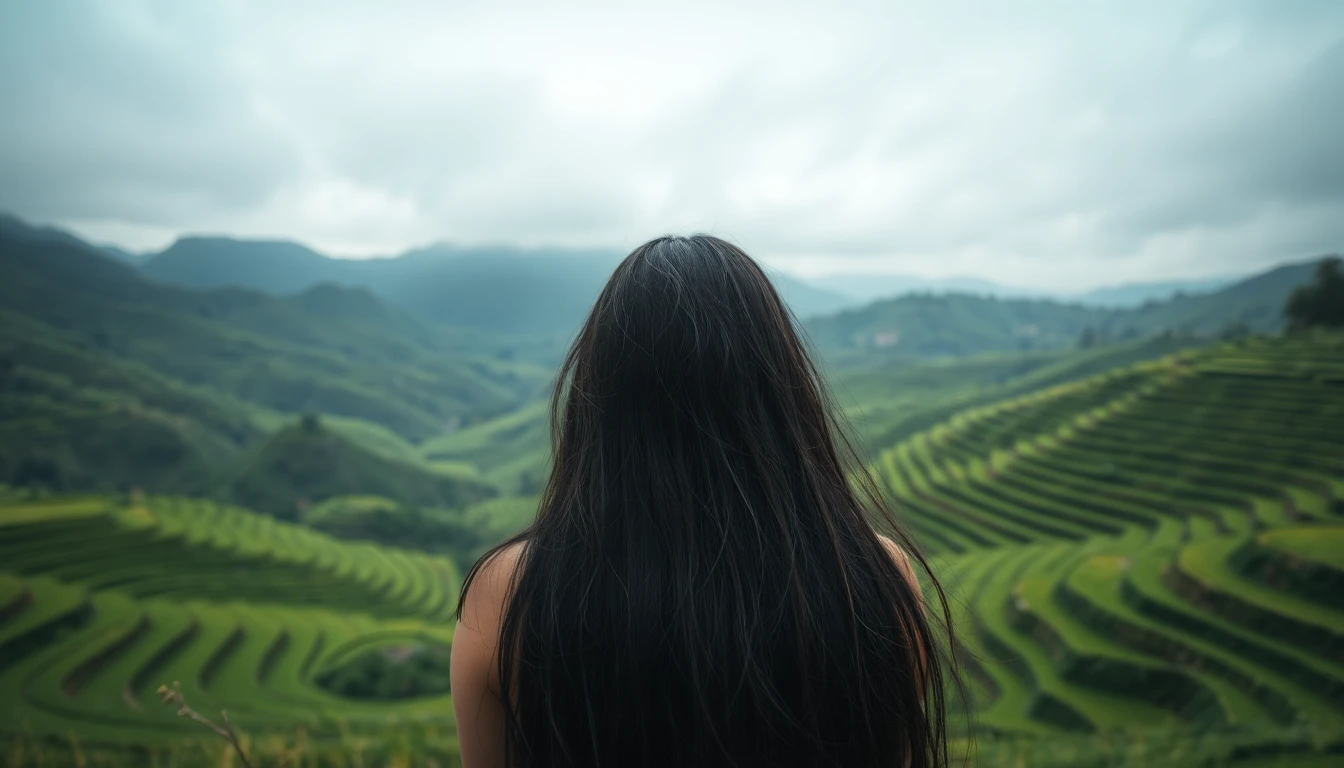Rear view of a woman with long, flowing black hair looking out over lush green rice terraces in Vietnam.