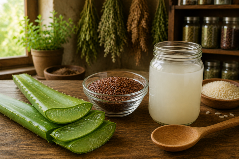 fresh aloe vera leaf flaxseeds and rice water for DIY hair restoration treatment